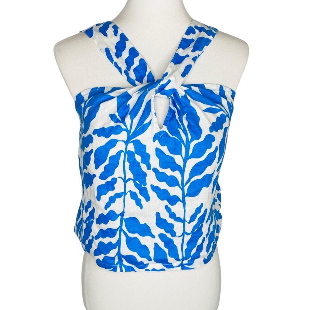 Rachel Zoe Floral Linen Crop Tank Top Blue Halter Crossover Medium Boho Summer